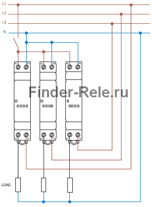Схема подключения твердотельного модульного реле Finder серии 77 - трехфзное подключение